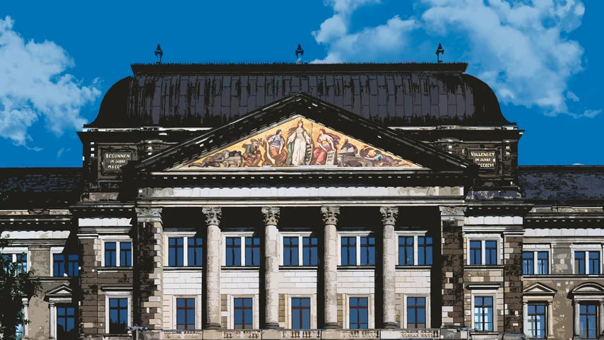 Das Gebäude des SMF mit historischen Giebelbild der Saxonia im Zentrum des Bildes.