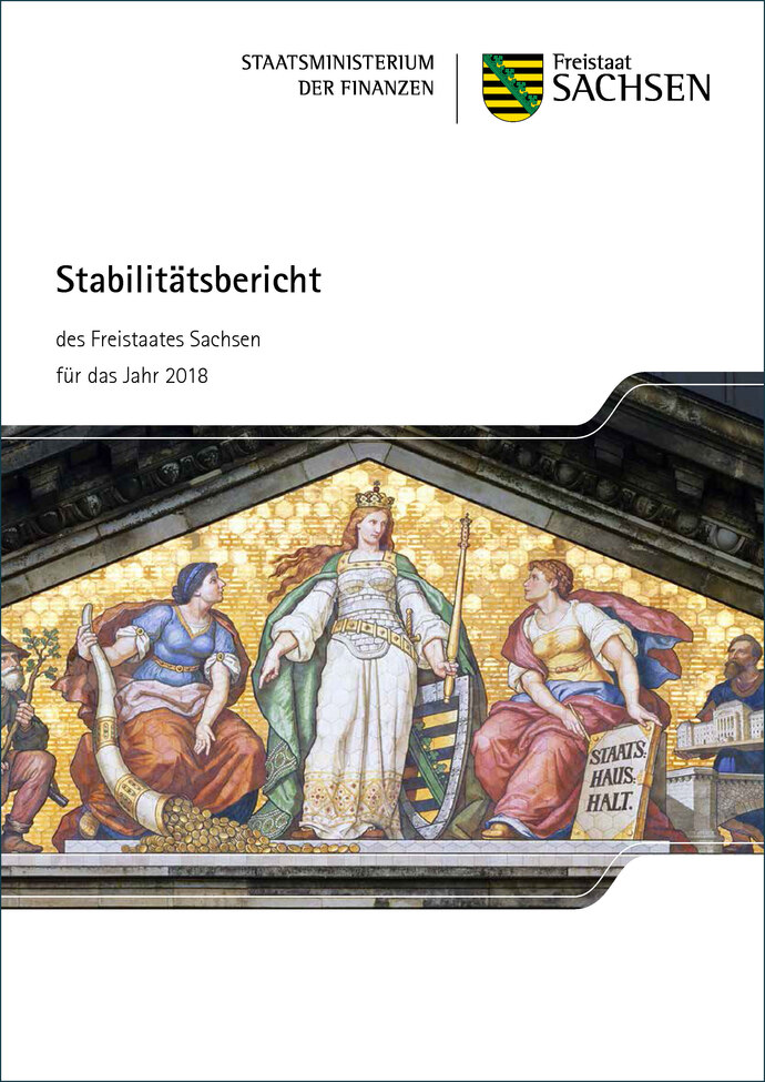 Titelbild des Stabilitätsberichtes des Freistaates Sachsen. Es zeigt den Mosaik-Fliesengiebel des Finanzministeriums mit Saxonia in der Mitte.