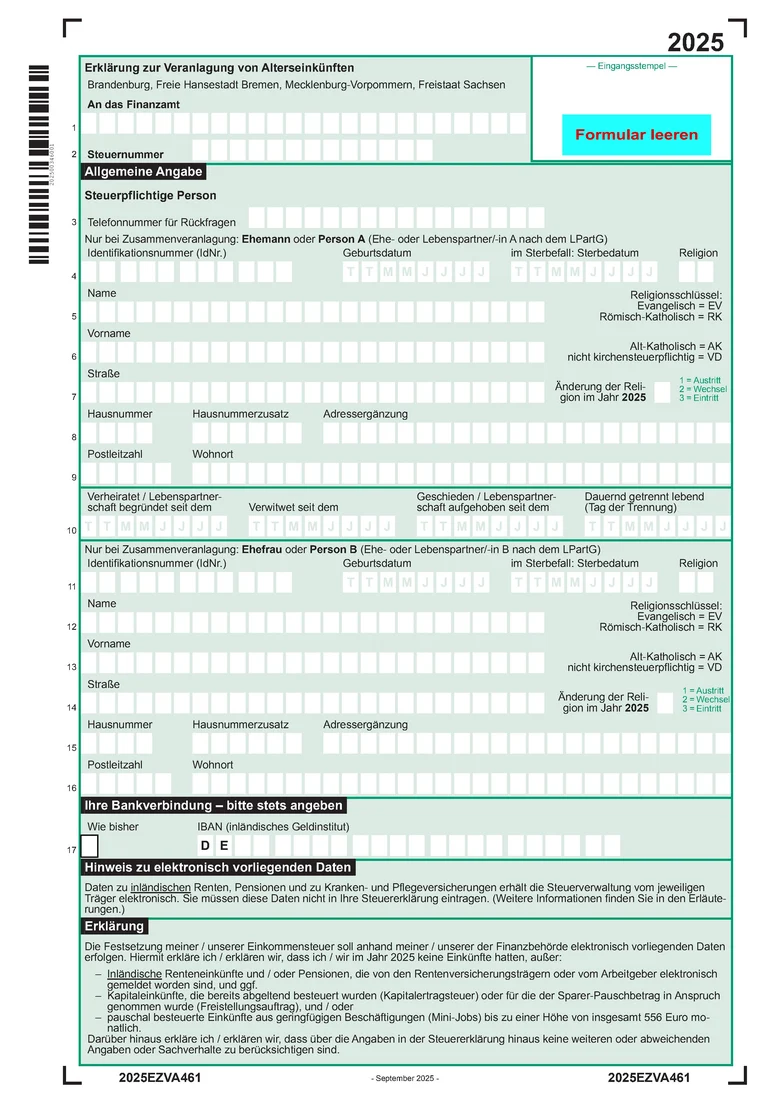 Ein Teil des Formulars »Erklärung zur Veranlagung von Alterseinkünften«