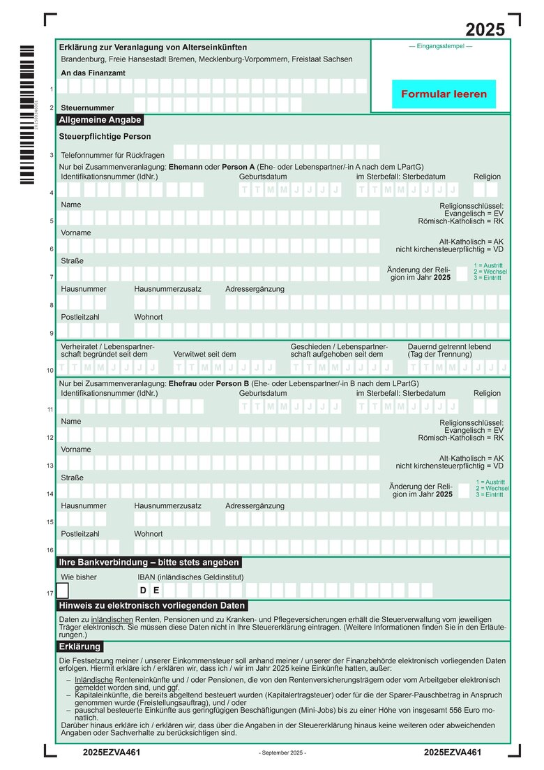 Ein Teil des Formulars »Erklärung zur Veranlagung von Alterseinkünften«